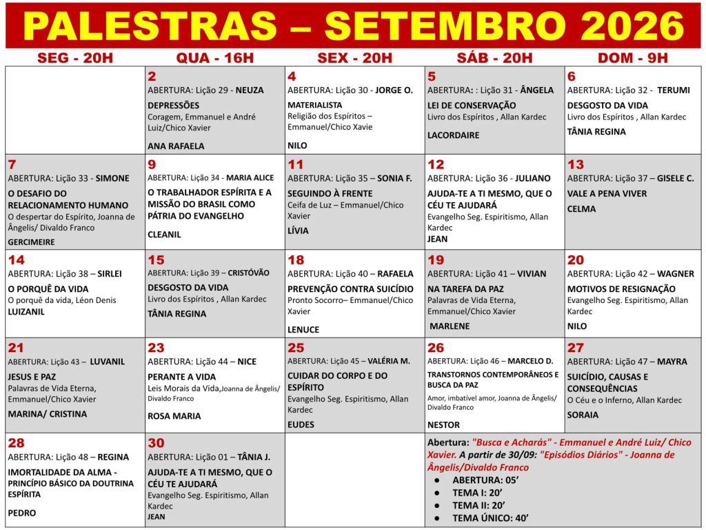 Confira os temas, dias e palestrantes do CEC no mês de setembro de 2026.
